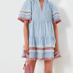 Tuckernuck Savannah Stripe Crawford Dress Blue White Tiered Shift XS